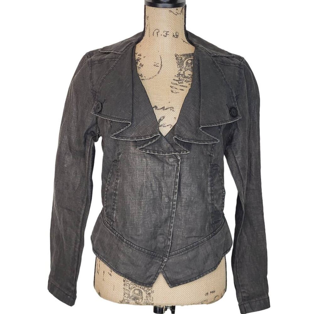 CAbi Charcoal Coated Linen Draped Ruffle Collar Cropped Moto Jacket Medium - Picture 2 of 13